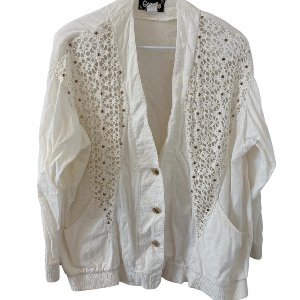 Vintage 80s/90s White Button-Down Crochet Detail Shirt Jacket
